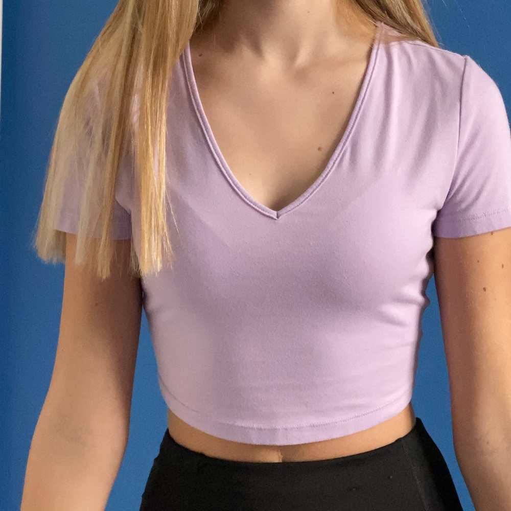 Purple SHEIN v-neck crop top.